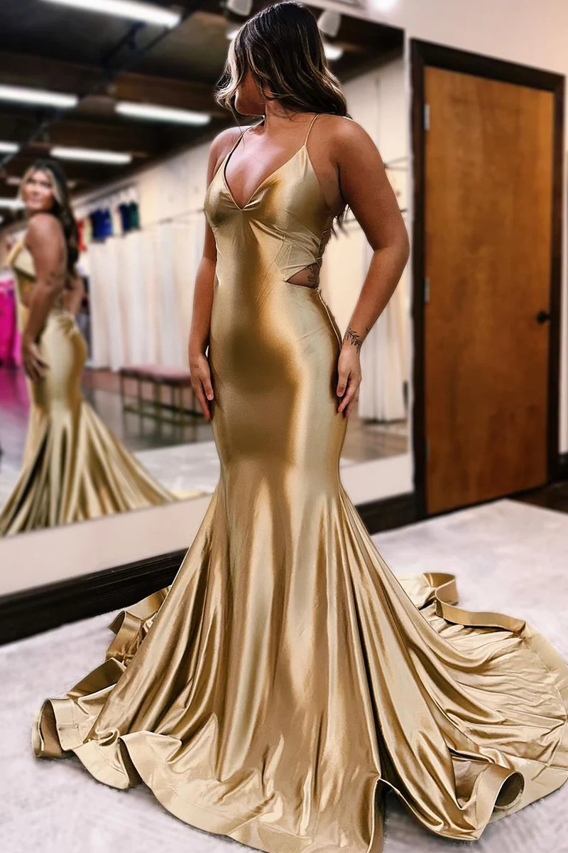 Mermaid Golden Satin V Neck Prom Dresses