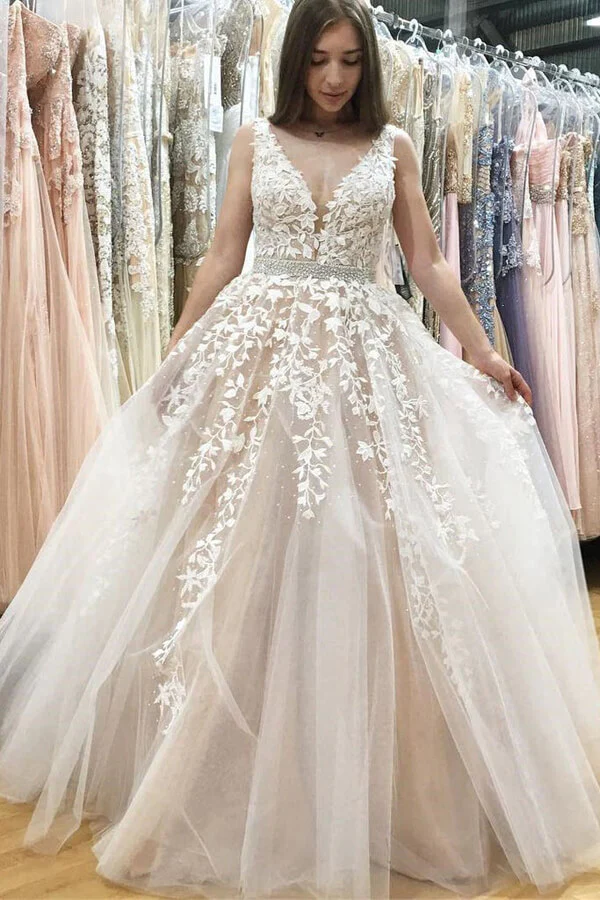 A Line Sweetheart Tulle Lace Applique Ivory Wedding Dresses Long Prom –  Simibridaldresses