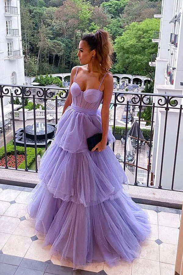 Purple Tulle Layered A line Sweetheart Long Prom Dresses Evening Gown luladress