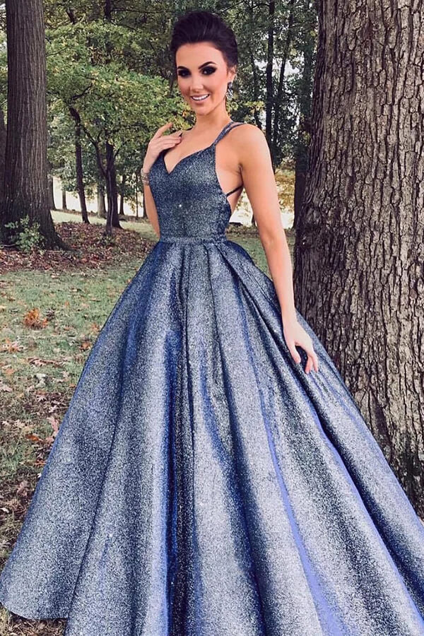 luladress Sparkly Navy Blue Ball Gown V Neck Prom Dresses Long Formal Dresses Pic Color US12