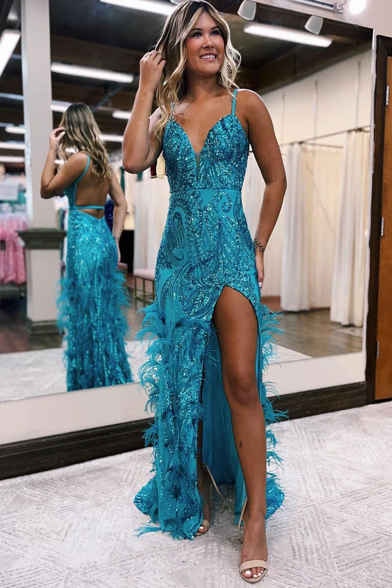 Custom Size Sequin Lace-up Back High Slit Mermaid Prom Dress