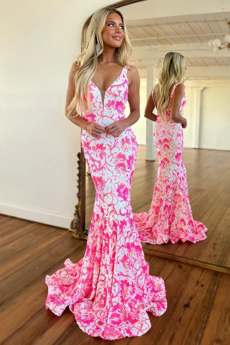 Pink Mermaid V Neck Sequin Lace Prom Dresses,BD93107 – luladress