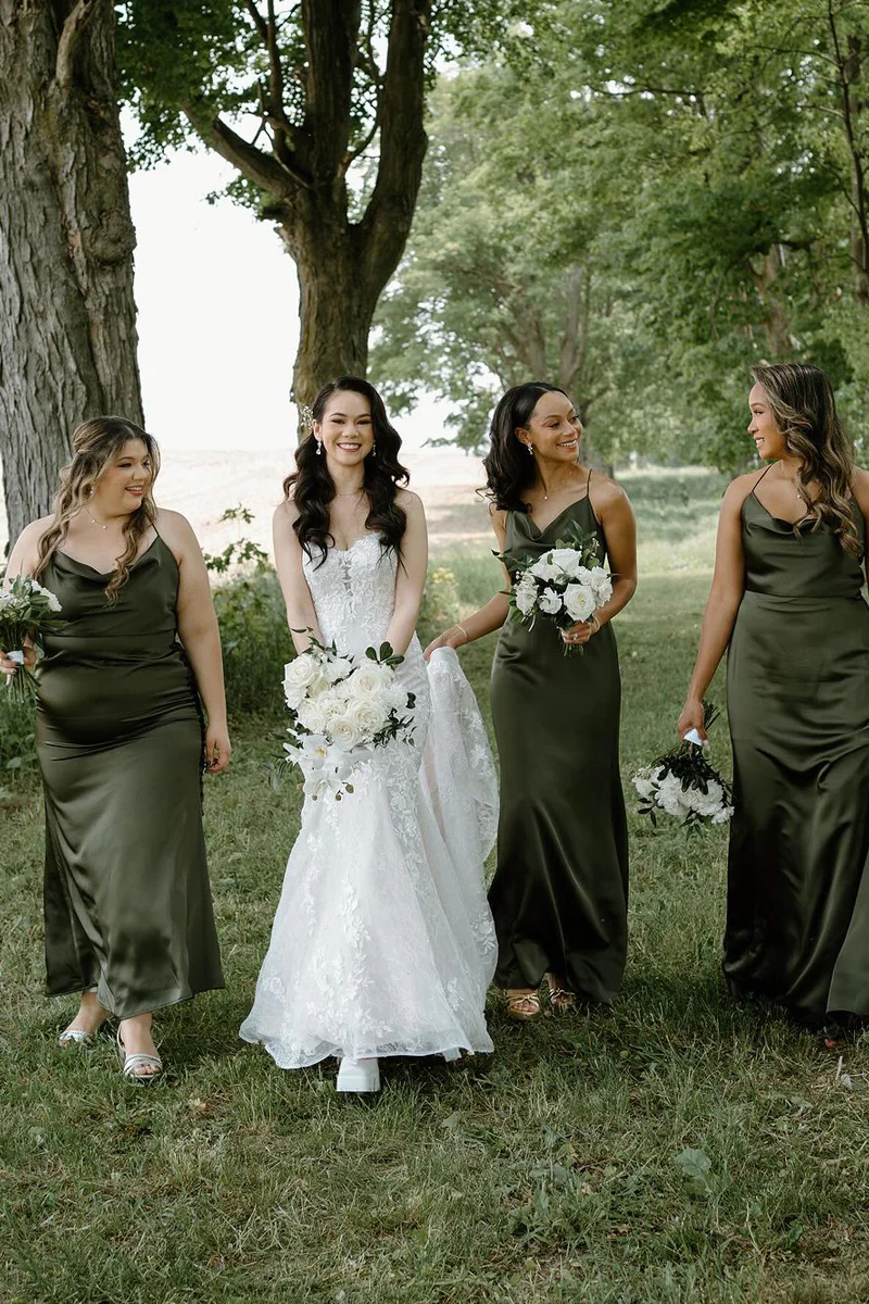 Hunter Green Silk Satin Cowl Neck Bridesmaid Dresses Pic Color Custom Size