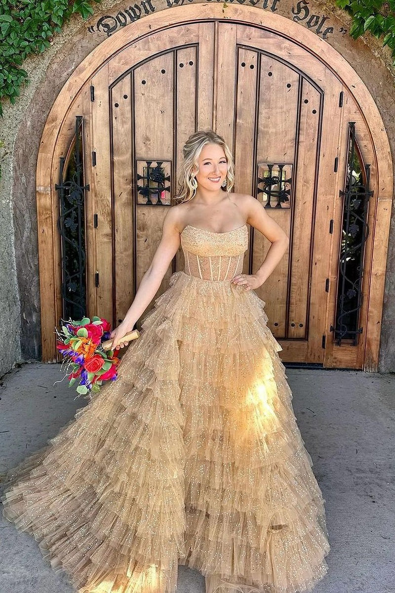 Gold tulle prom dress hotsell