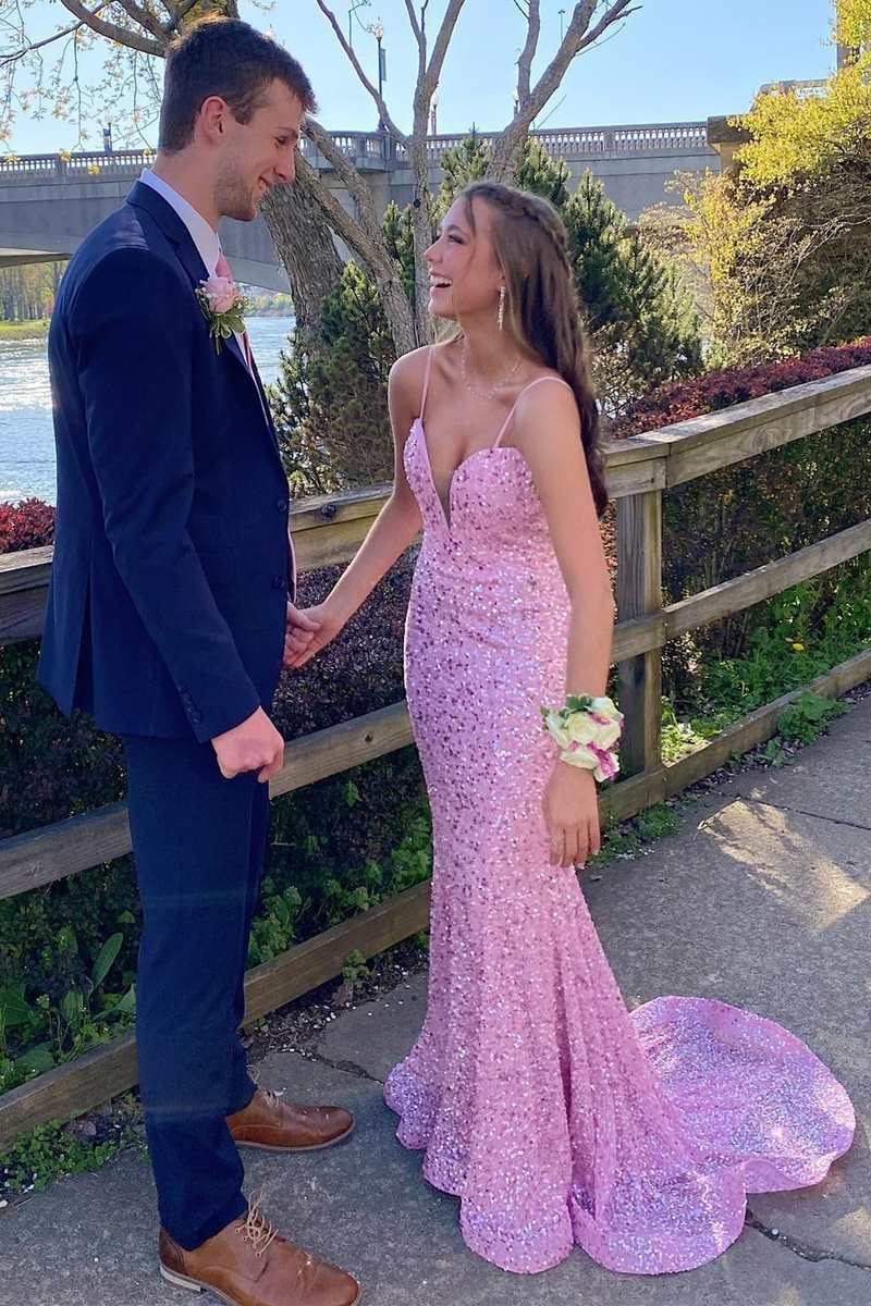 Pink Sequin Plunge V neck Mermaid Long Prom Dresses