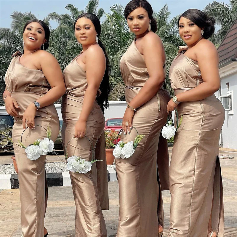 champagne one shoulder dresses bridesmaid