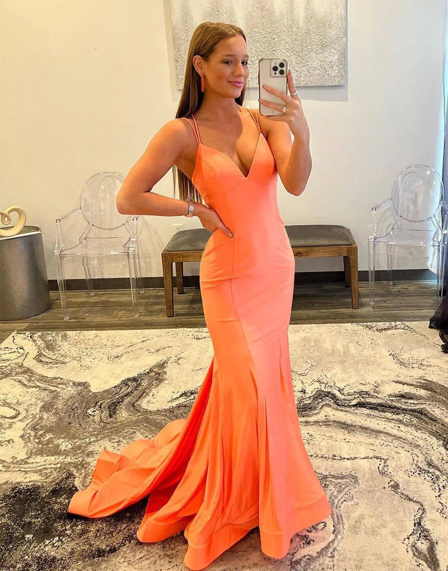 Mermaid Orange Tight Backless Long V Neck Prom Dresses – luladress