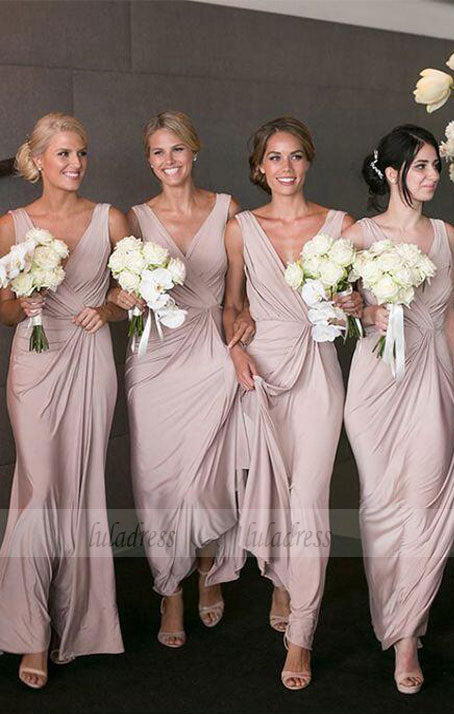 V Neck Peal Pink Satin Ankle Length Bridesmaid Dress luladress