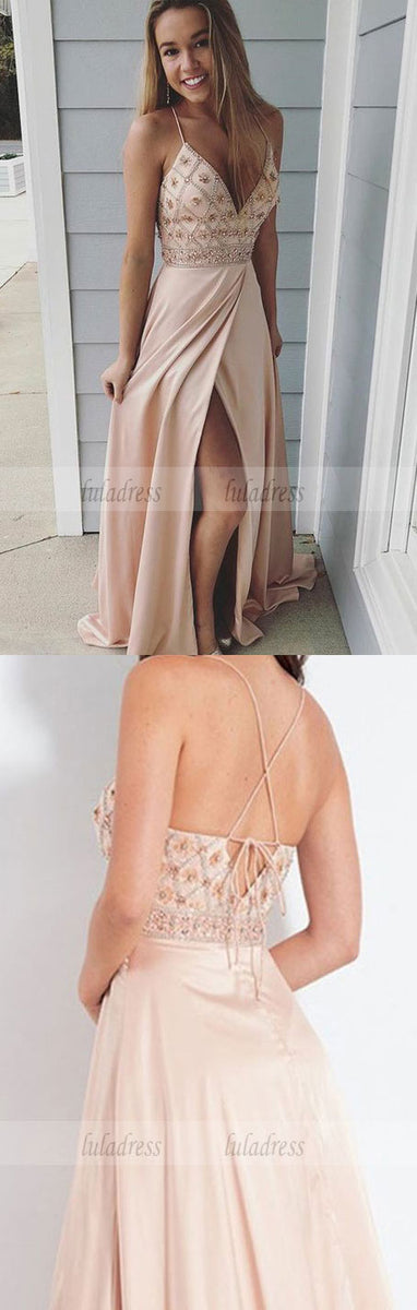 A-line Beaded Spaghetti Straps Prom Dress With Split PL415