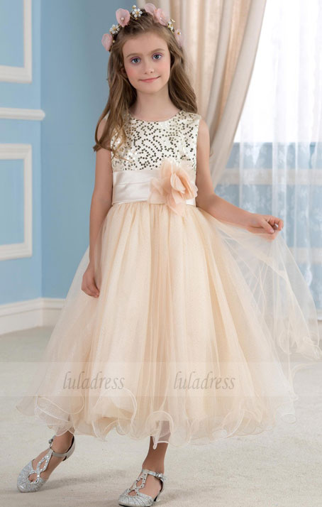 Girls Gold Sequined Tulle Flower Girl Dress for Wedding Party