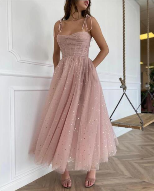 Pink Tulle Lace A-line Spaghetti Straps Prom Dresses SP745