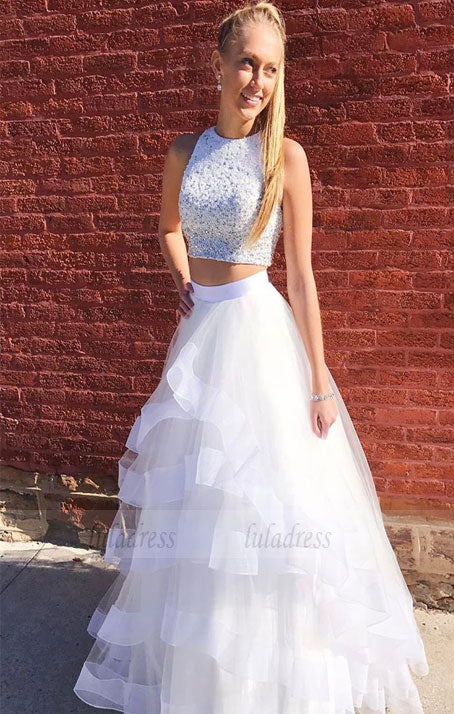 A line Two Piece Tulle White Prom Dresses for Teens