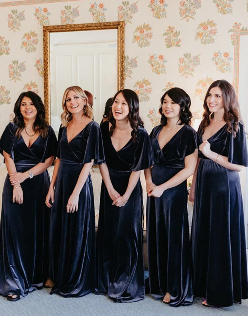 Velvet Navy Bridesmaid Dresses with Sleeve – luladress