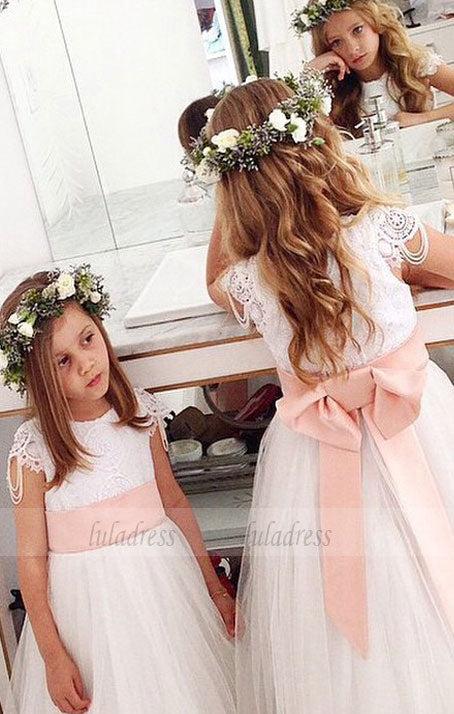 Flower girl dress with pink sash on sale