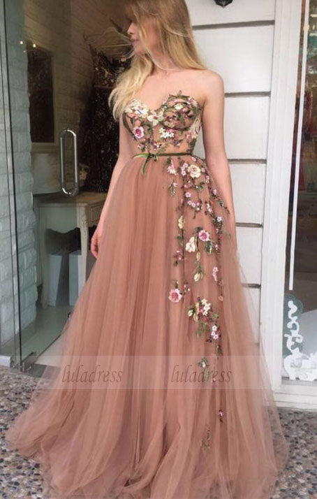 cute sweatheart a line tulle long prom dresses with flower blush bal luladress