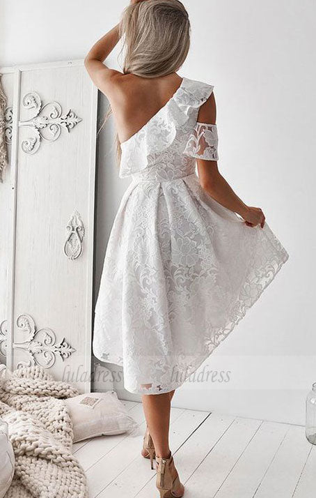 one shoulder tea length wedding dress