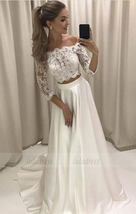 Boho Style Lace Sleeves Two Piece Wedding Dresses Off Shoulder Satin B luladress