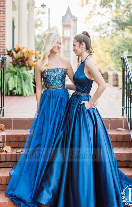 halter navy blue long prom dress party dress prom dress with pockets