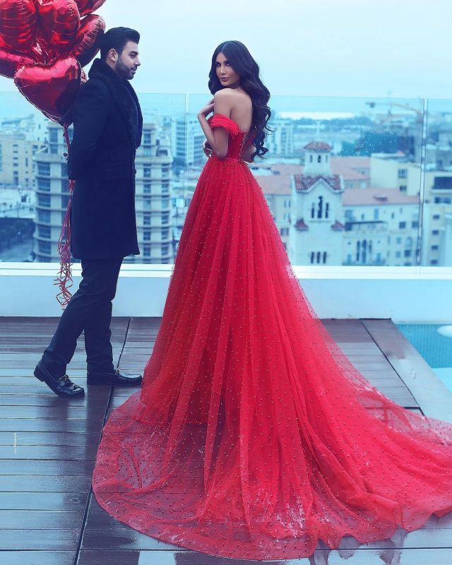 Glamorous Off The Shoulder Tulle Red A Line Prom Dresses luladress