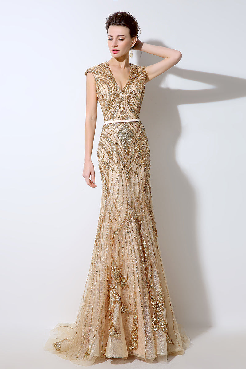 Gold beaded evening gown best sale