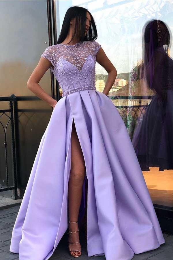 A line Lavender Satin Beaded Long Prom Dresses Evening Dresses