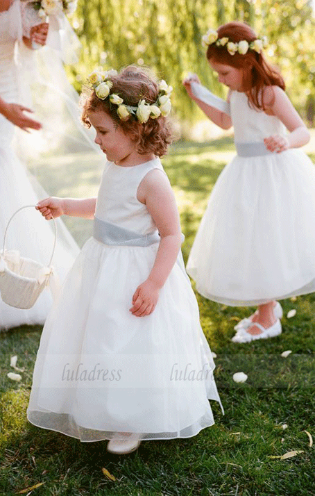 White flower girl dress shops with sash