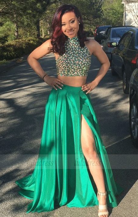 Emerald green two top piece prom dress