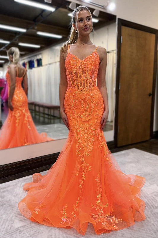 Mermaid V Neck Straps Orange Sequins with Tulle Long Prom Dresses: A Stunning Choice for Your Special Night