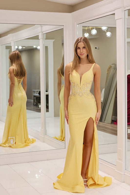 Dive into Elegance with Mermaid V-Neck Yellow Satin Long Prom Dresses