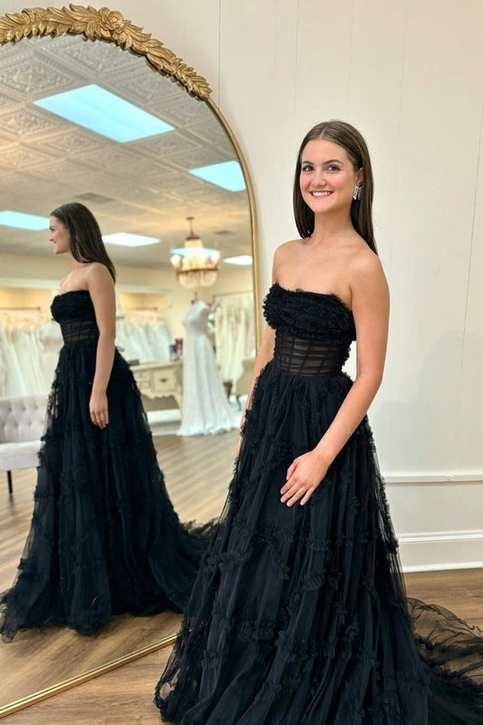 A-line off-shoulder layered tulle single black ball gown: dancing in a dreamy place