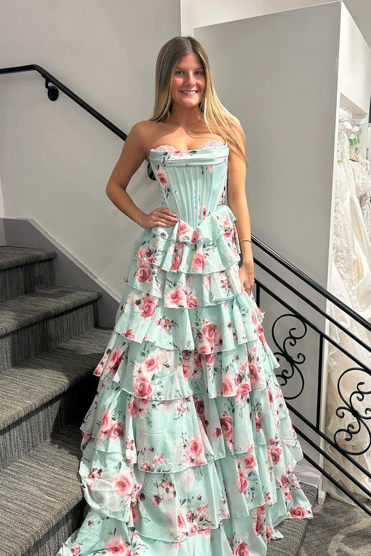 A Line Strapless Sweetheart Floral Chiffon Tiered Long Prom Dresses: A Dreamy Choice for Your Special Night