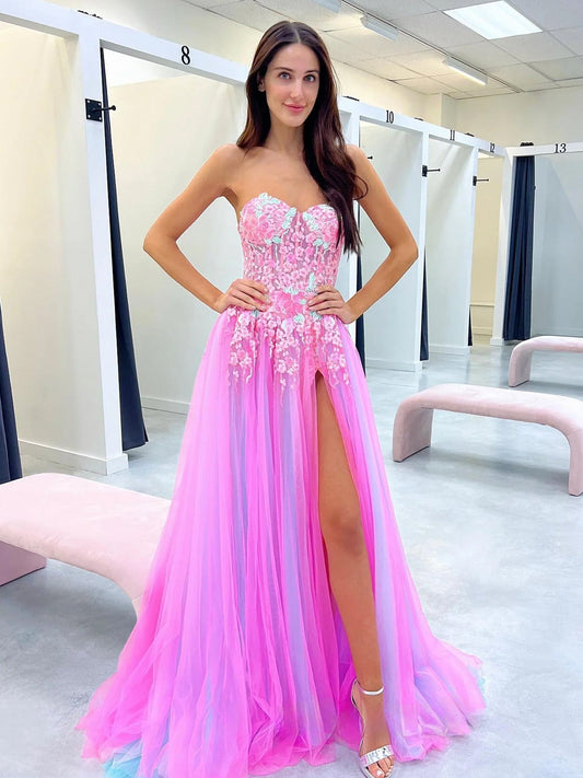 A Line Colorful Tulle Slit Sweetheart Prom Dresses with Appliques: A Dreamy Choice for Your Special Night