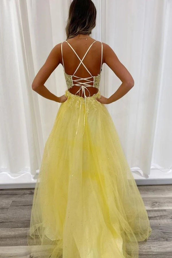 A Line Backless Lace Long V Neck Yellow Prom Dresses