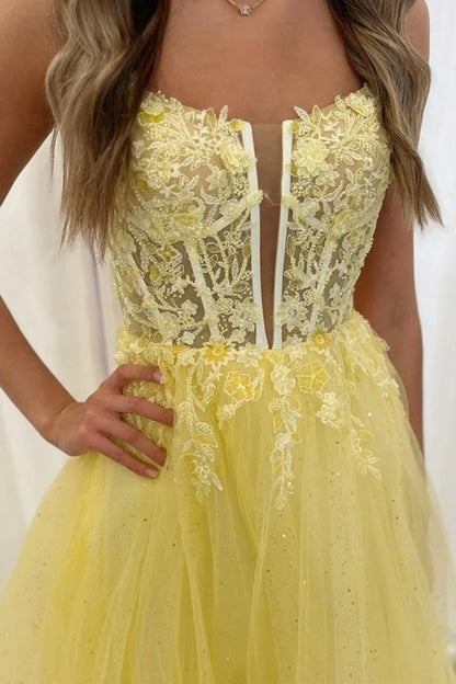 A Line Backless Lace Long V Neck Yellow Prom Dresses