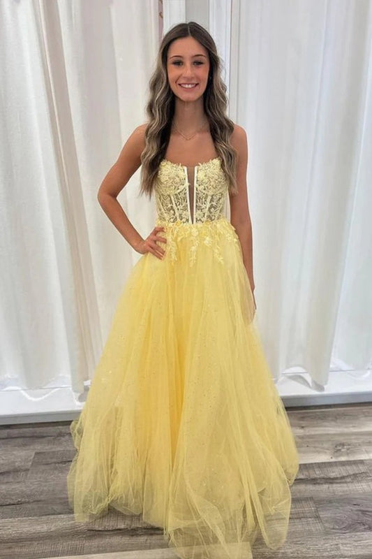 A Line Backless Lace Long V Neck Yellow Prom Dresses