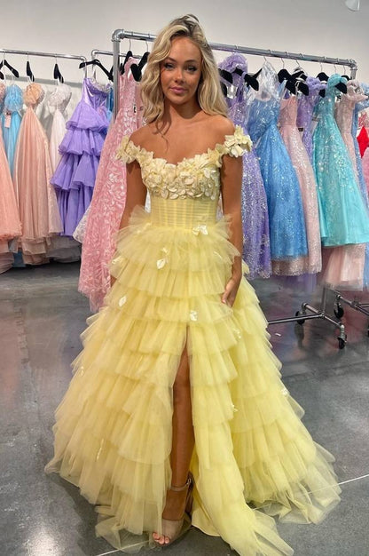 Yellow Off-the-Shoulder Floral Prom Dresses with Slit