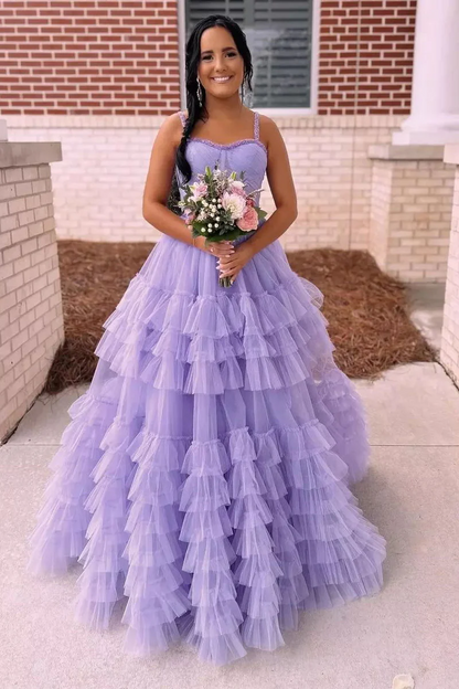 Lilac Sweetheart Ruffle Tulle A-Line Long Prom Dresses