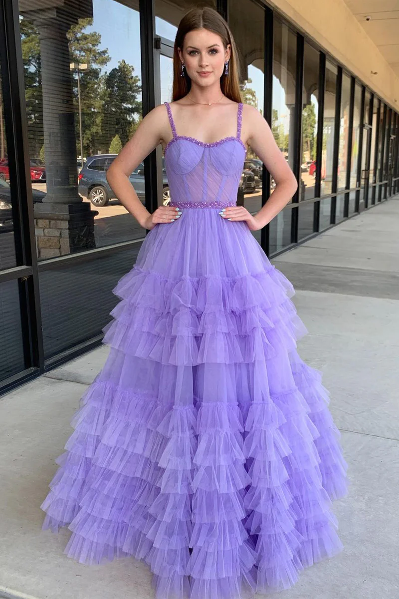 Lilac Sweetheart Ruffle Tulle A-Line Long Prom Dresses