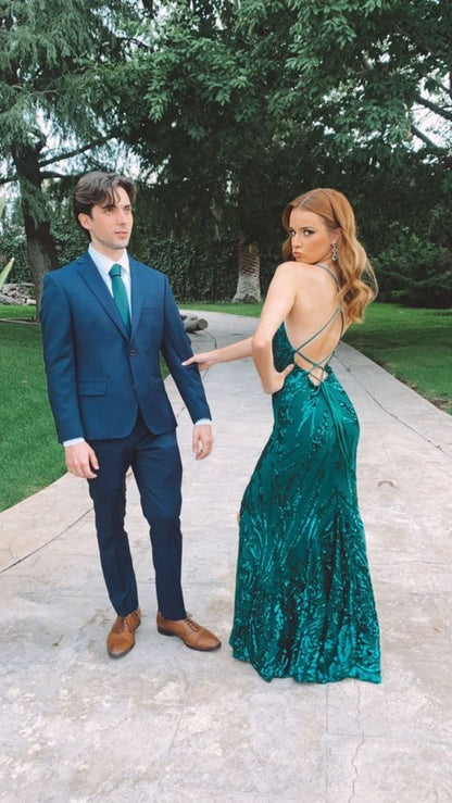 Mermaid Scoop Neck Dark Green Sequins Prom Dresses