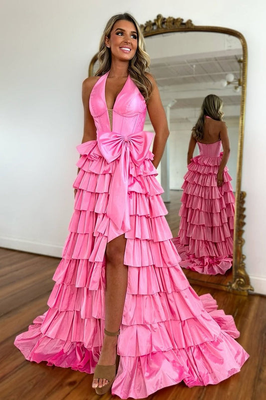 Ball Gown Halter Pink Tafetta Satin Tiered Prom Dresses