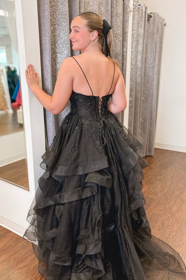 V Neck A Line Black Ruffled Tulle Prom Dresses