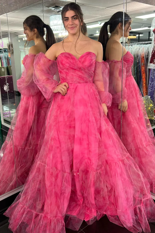 A-Line Hot Pink Print Sweetheart Long Prom Dresses