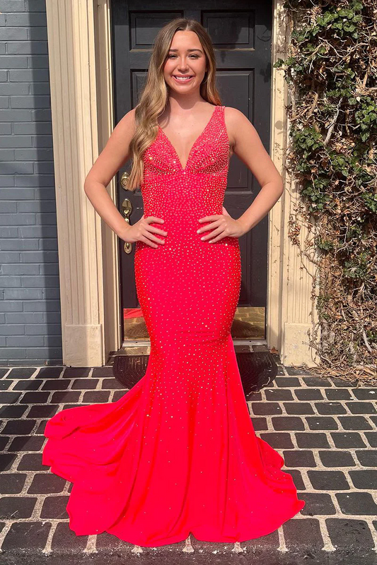 Red V Neck Long Mermaid Prom Dresses with Beaded