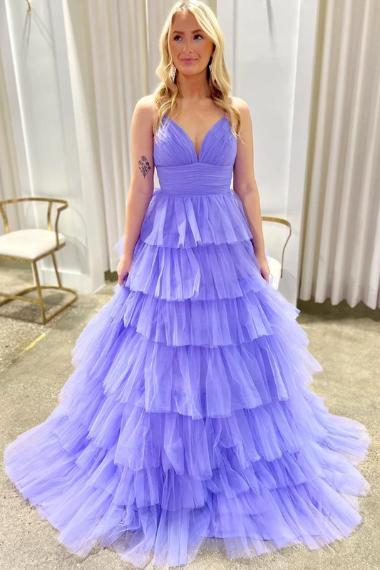 Lilac V Neck Ruffle Tiered Long Prom Dresses