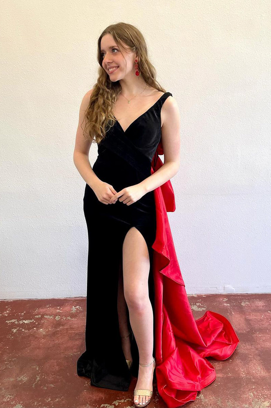 Mermaid V Neck Black Bow Back Long Prom Dresses