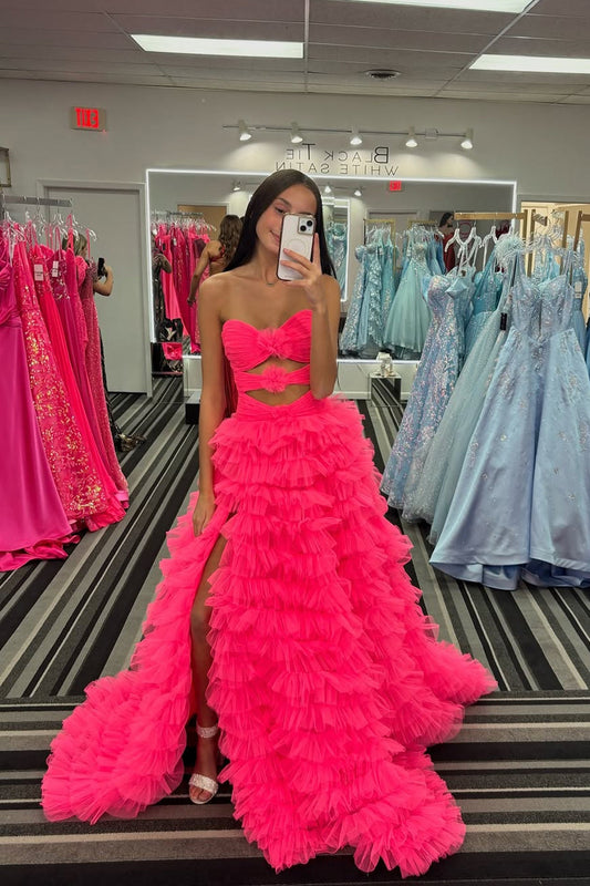 A-Line SStrapless Fuchsia Ruffle Tiered Long Prom Dresses