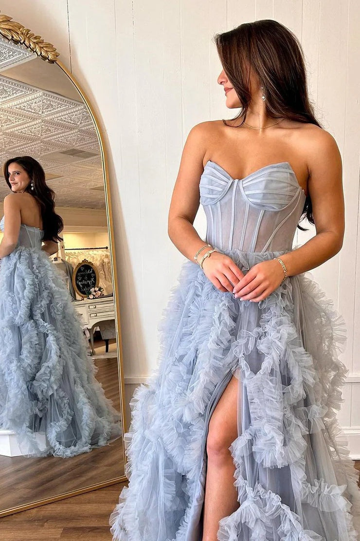 A Line Sweetheart Grey Ruffled Tulle Prom Dresses