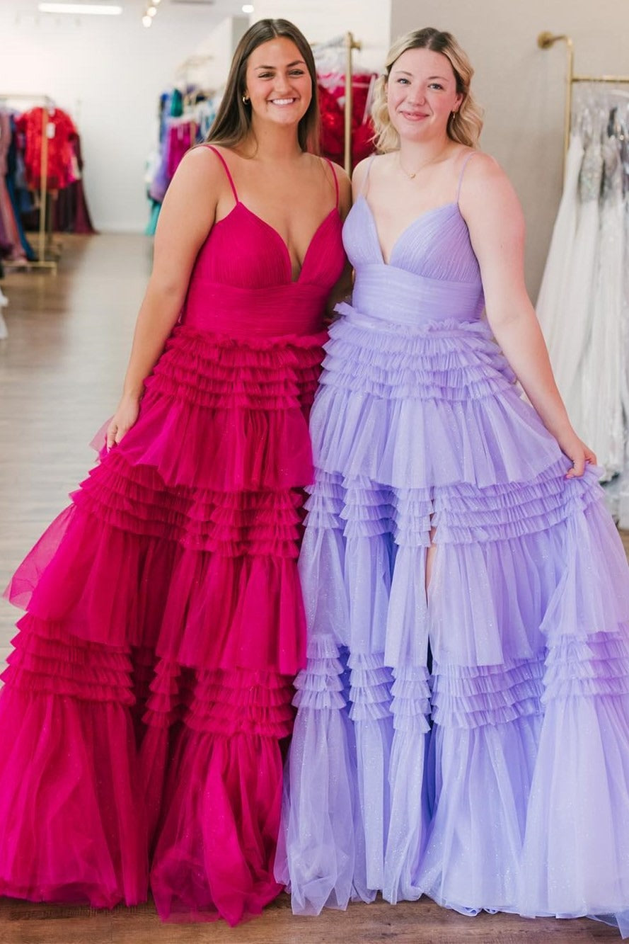 Cute Tulle A Line V Neck Tiered Prom Dresses