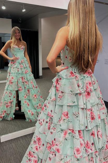 A Line Strapless Sweetheart Floral Chiffon Tiered Long Prom Dresses