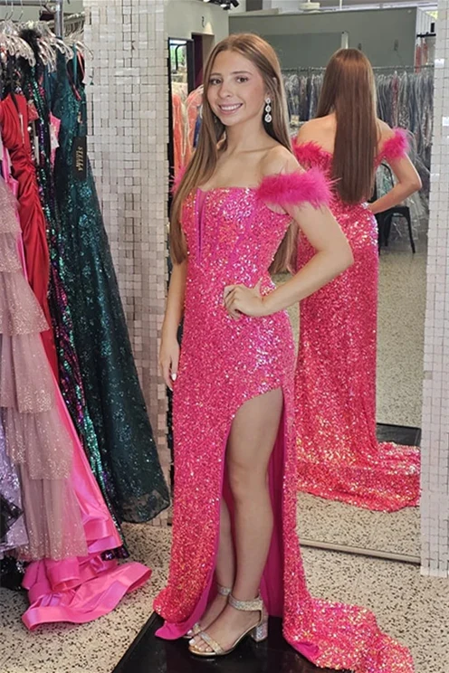 Hot Pink Mermaid Feathered Off-Shoulder Sequins Long Prom Dresses